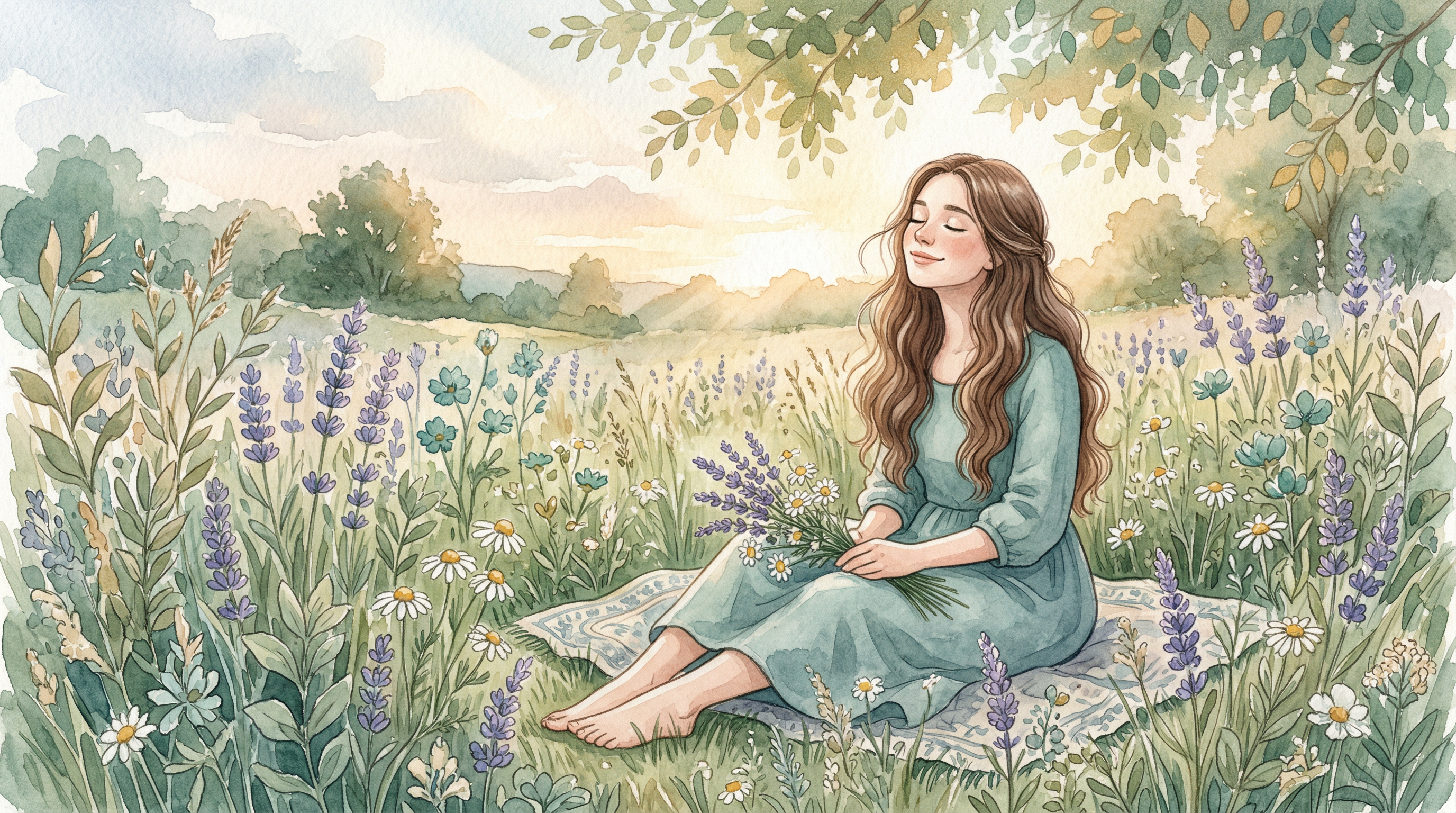 Watercolor illustration of a young woman resting peacefully in a field of wildflowers