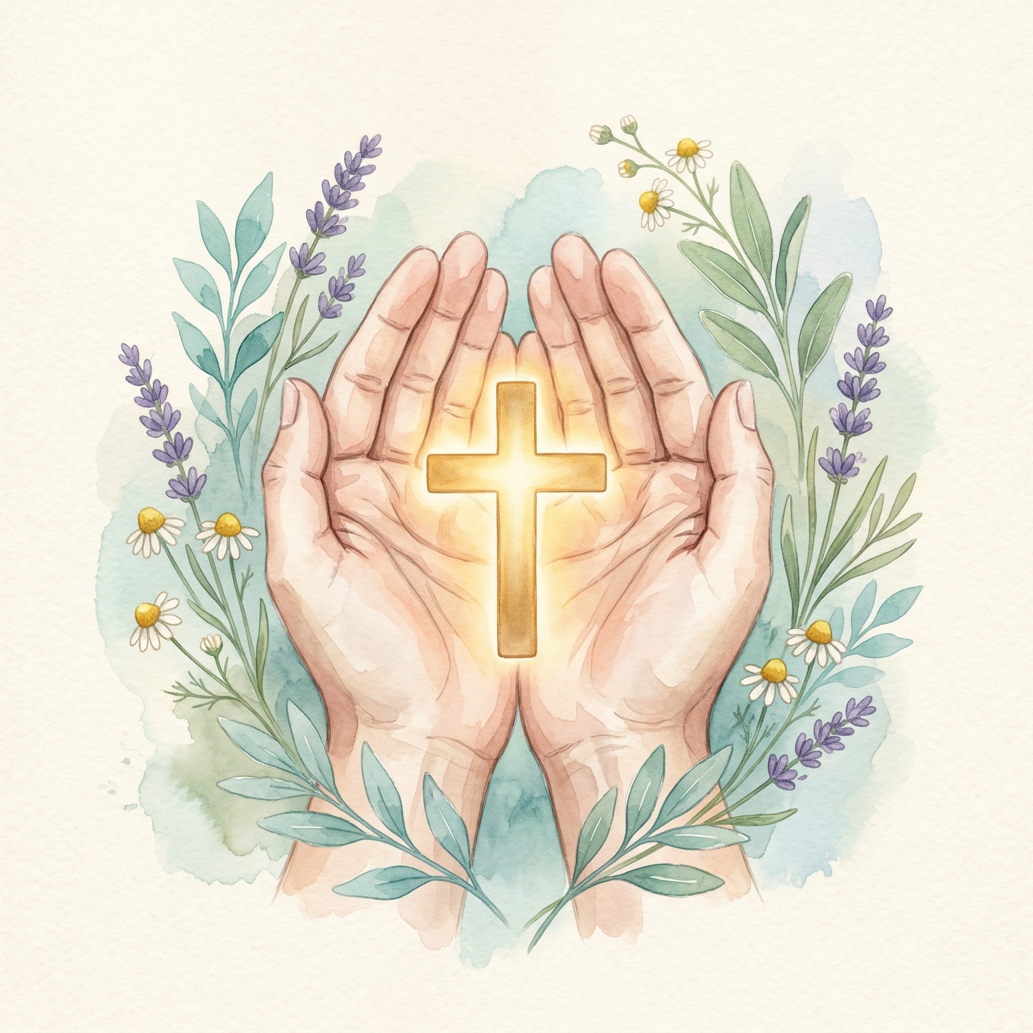 Watercolor illustration of cupped hands holding a glowing light surrounded by botanical flowers